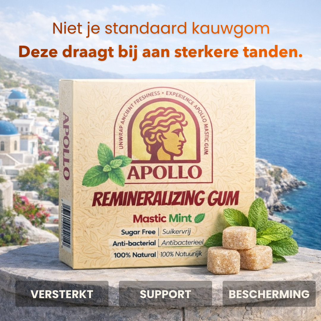 Apollo Kauwgom draagt bij aan sterkere tanden door nano hydroxyapatiet. 