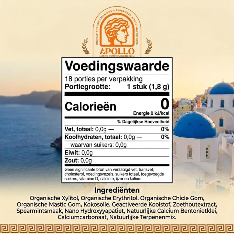 Apollo Kauwgom bevat geen calorien, geen suiker. De voedingswaarden zijn zichtbaar op deze foto. 