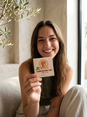 Foto van klant van Apollo Mastic, Manon die poseert met het pakje kauwgom. 